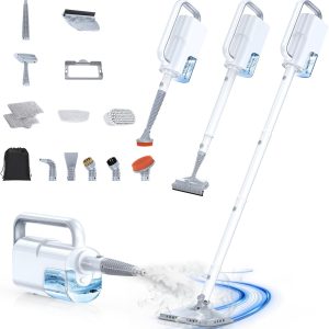 ScrubWiz Steam Mop Cleaner with Detachable Handheld Steamer, 10-in-1 Multi Accessories, Washable Microfiber Pads, 350ml and 2 Adjustable Level for Cleaning Floor, Carpet, Tile, and Grout, Light White