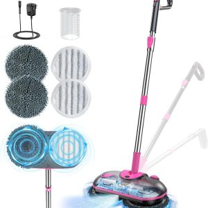 ScrubWiz Cordless Electric Spin Mop with Water Sprayer, 300ml Tank Self-Propelled Floor Cleaner for Hardwood & Tile, Quiet Cleaning, Adjustable Handle, 2500mAh Long-Lasting Battery, Pink